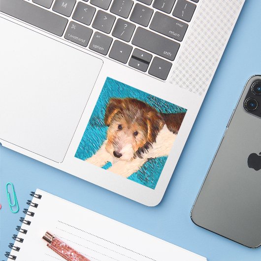 Puppy Painting van Wire Fox Terrier - Originele Do Sticker (Laptop met iPhone)