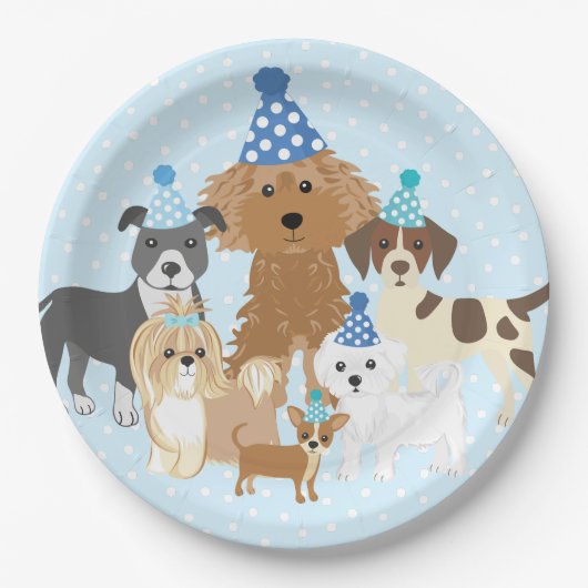 Puppy Party Blue Paper Plate for Kids Birthday  Papieren Bordje (Voorkant)