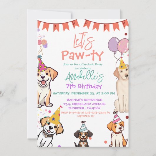 Puppy Party Dog Let's Pawty Verjaardag Kaart (Voorkant)