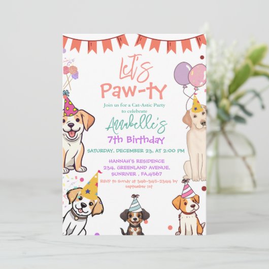 Puppy Party Dog Let's Pawty Verjaardag Kaart (Staand voorkant)