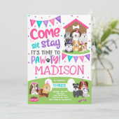 Puppy Party Invitation roze Doggy Birthday Pawty Kaart (Staand voorkant)