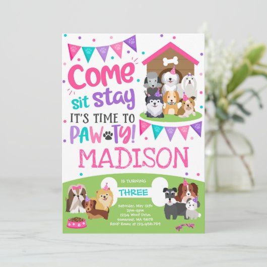 Puppy Party Invitation roze Doggy Birthday Pawty Kaart (Staand voorkant)