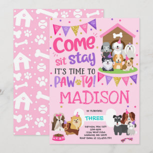 Puppy Party Invitation roze Doggy Birthday Pawty Kaart