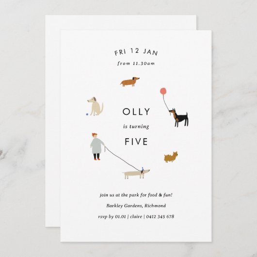Puppy Party Modern Dog Birthday Invite - White Kaart (Voorkant / Achterkant)