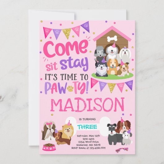 Puppy Party Uitnodiging Roze Doggy Verjaardagsfees (Voorkant)
