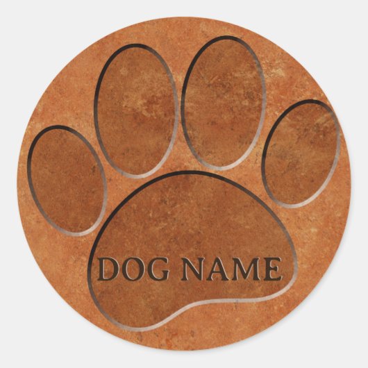 Puppy Paw Faux Terracotta Print Aangepaste naam Ronde Sticker (Voorkant)