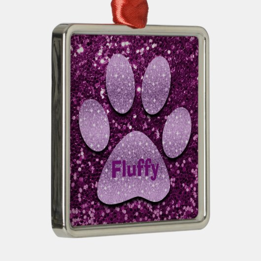 Puppy Paw Paarse Faux Glitter Metalen Ornament (Rechts)