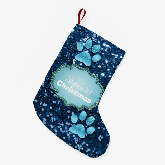 Puppy Paws Blue Faux Glitter Kleine Kerstsok (Voorkant (Hangend))