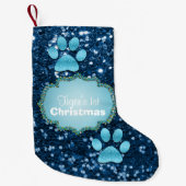 Puppy Paws Blue Faux Glitter Kleine Kerstsok (Voorkant)