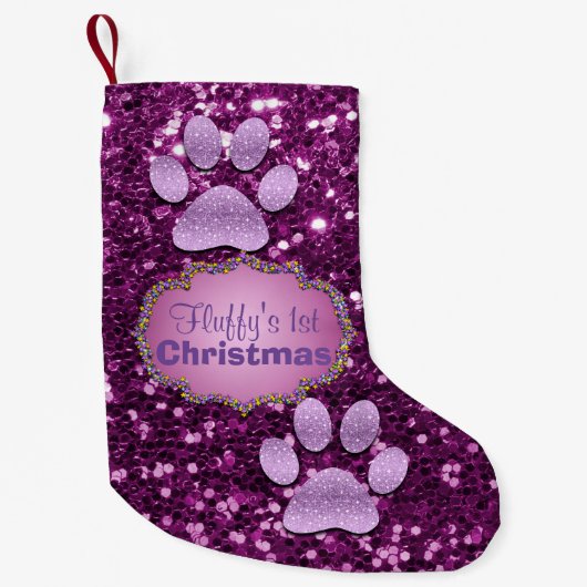 Puppy Paws Paars Faux Glitter Kleine Kerstsok (Voorkant)
