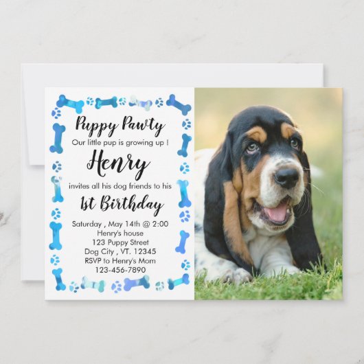 Puppy Pawty - Blue Boy Pet - Dog Birthday Puppy Kaart (Voorkant)