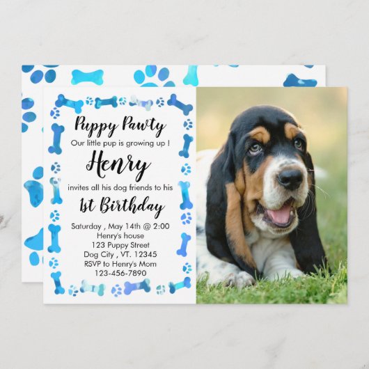 Puppy Pawty - Blue Boy Pet - Dog Birthday Puppy Kaart (Voorkant / Achterkant)