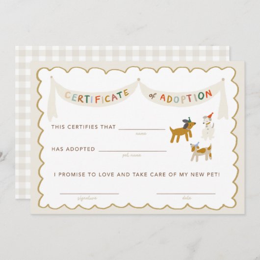 Puppy Pawty Certificaat van Adoptie Kaart (Voorkant / Achterkant)