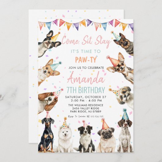 Puppy Pawty Dogs Verjaardag Kaart (Voorkant / Achterkant)