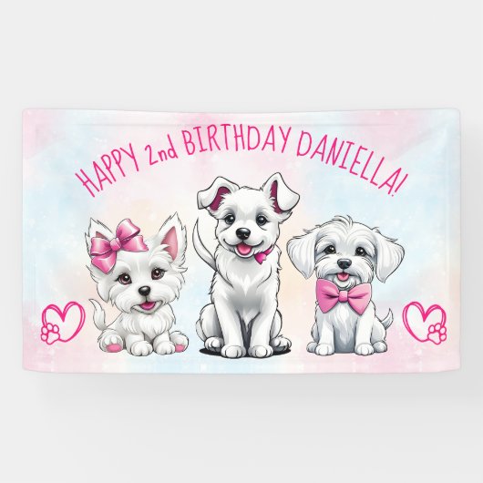 Puppy pawty happy birtyhday wit roze puppies spandoek (Horizontaal)