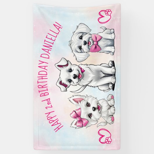 Puppy pawty happy birtyhday wit roze puppies spandoek (Verticaal)