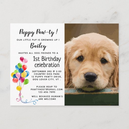 Puppy Pawty Pet Foto Hond Verjaardagsfeest Uitnodiging Briefkaart (Voorkant)