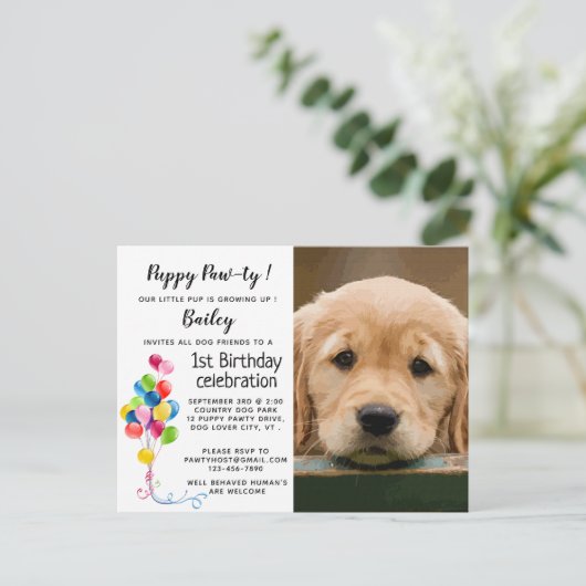 Puppy Pawty Pet Foto Hond Verjaardagsfeest Uitnodiging Briefkaart (Staand voorkant)