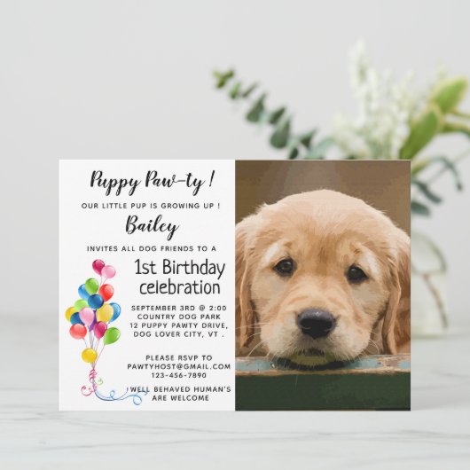Puppy Pawty Pet Foto Puppy Verjaardagsfeest Kaart (Staand voorkant)