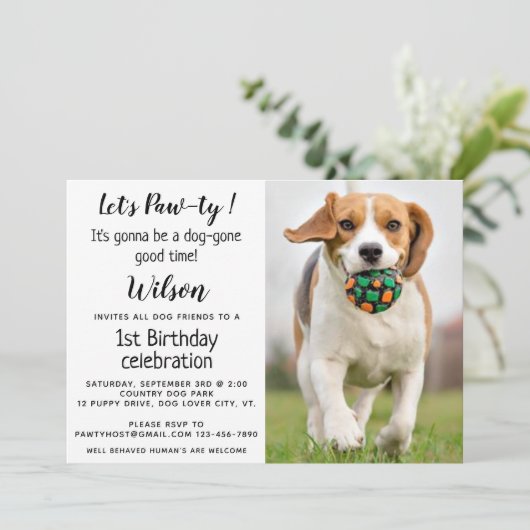 Puppy Pawty Pet Foto Puppy Verjaardagsfeest Uitnod Kaart (Staand voorkant)