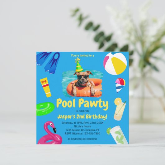 Puppy Pawty Pool Party Hond Verjaardag Kaart (Staand voorkant)