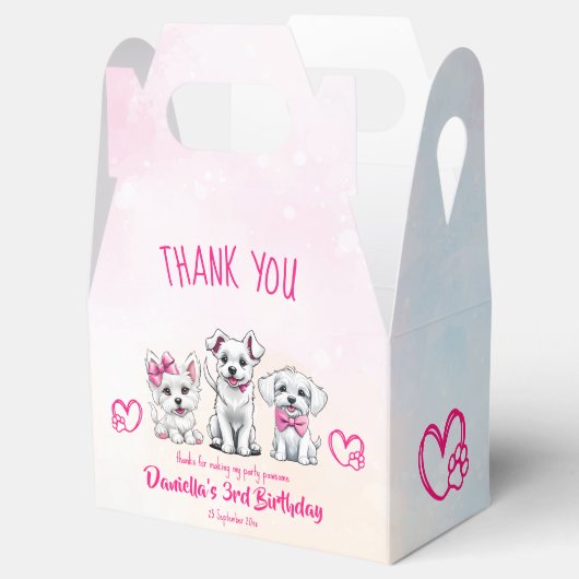 Puppy pawty schattig wit roze puppies sjabloon bedankdoosjes (Geopend)