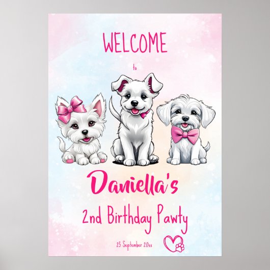 Puppy pawty schattig wit roze puppies welkom teken poster (Voorkant)