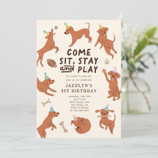 Puppy Pawty verjaardagsfeestje uitnodiging (Staand voorkant)