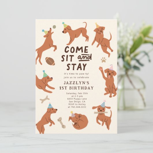 Puppy Pawty verjaardagsfeestje uitnodiging (Staand voorkant)