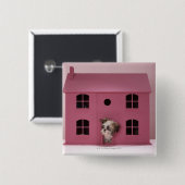 Puppy peering uit het huis van de pop vierkante button 5,1 cm (Voorkant /achterkant)