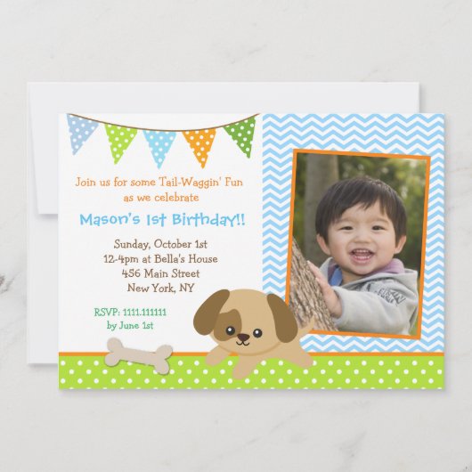Puppy Photo Birthday Party Invitations for boys Kaart (Voorkant)