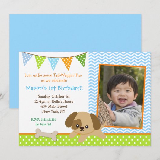 Puppy Photo Birthday Party Invitations for boys Kaart (Voorkant / Achterkant)