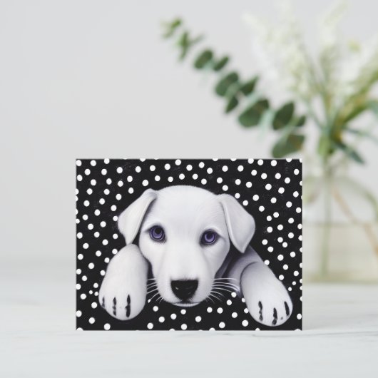 Puppy & pokadots met zwart-wit Retro Briefkaart (Staand voorkant)