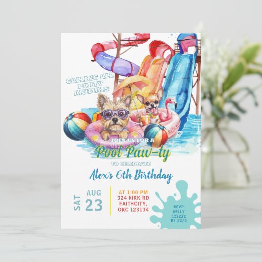 Puppy Pool Party Verjaardag Uitnodiging (Staand voorkant)