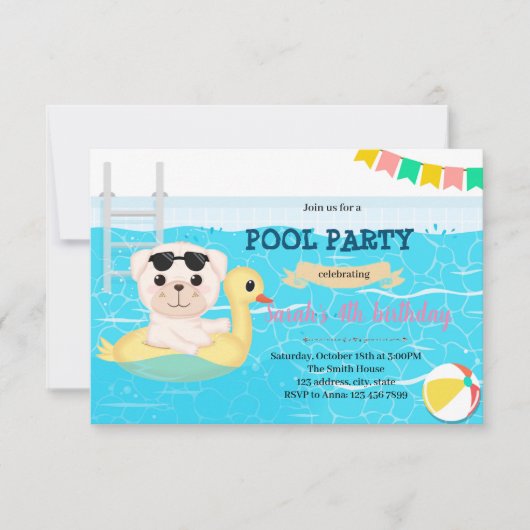 Puppy poolparty-uitnodiging kaart (Voorkant)