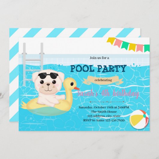 Puppy poolparty-uitnodiging kaart (Voorkant / Achterkant)