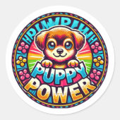 Puppy Power - Schattigee en kleurrijke hond Ronde Sticker (Voorkant)