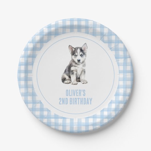 Puppy preppy plaid birthday papieren bordje (Voorkant)