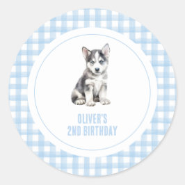 Puppy preppy plaid birthday ronde sticker