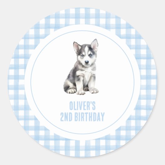 Puppy preppy plaid birthday ronde sticker (Voorkant)