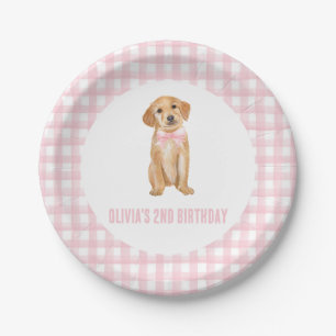 Puppy preppy roze geruite verjaardag papieren bordje