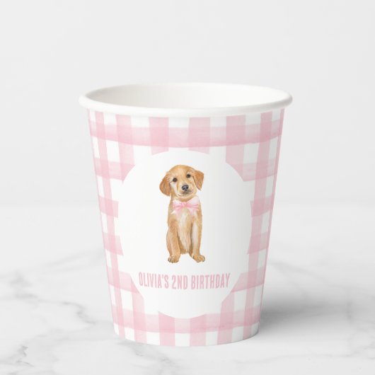 Puppy preppy roze plaid verjaardag papieren bekers (Voorkant)