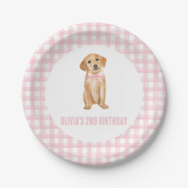Puppy preppy roze plaid verjaardag papieren bordje
