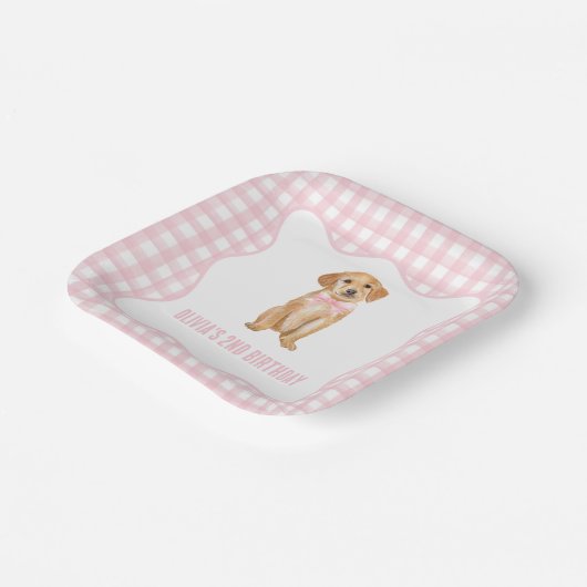 Puppy preppy roze plaid verjaardag papieren bordje (Gebogen)
