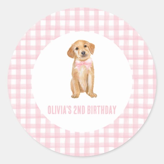 Puppy preppy roze plaid verjaardag ronde sticker (Voorkant)
