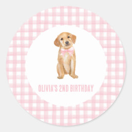 Puppy preppy roze plaid verjaardag ronde sticker