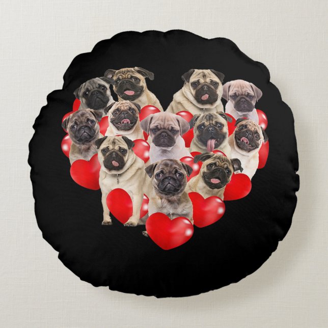 Puppy Pugs Dog Heart | Valentijnsdag Cadeau Rond Kussen (Voorkant)