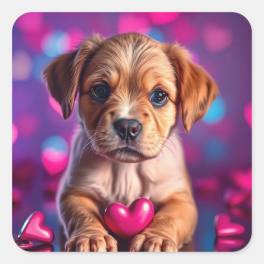Puppy roze harten vierkante sticker (Voorkant)