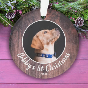 Puppy`s 1e Kersthond Huisdier Foto Roze Hout Ornament