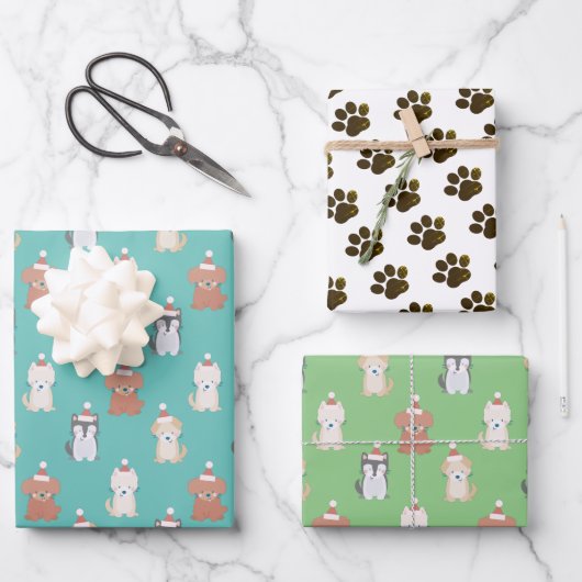 Puppy Santa Hat Blauwe Kerstvakantie Inpakpapier Vel (Voorkant)